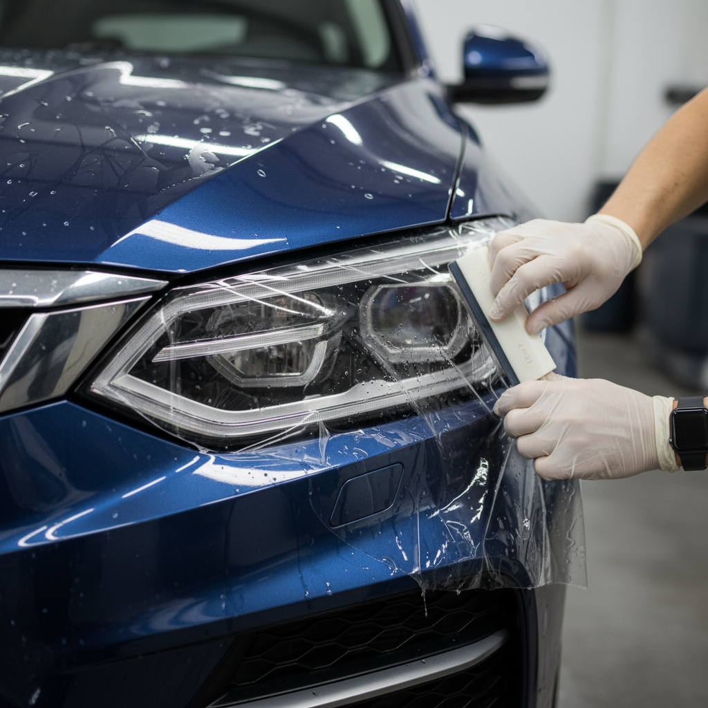لقطة مقربة لتركيب فيلم حماية الطلاء على سيارة SUV